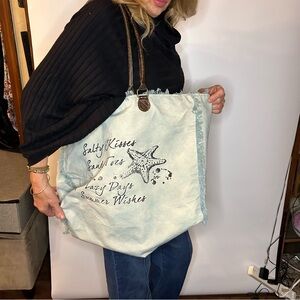 Vintage Addiction 100% Cotton Light Blue denim leather straps Beach Tote Bag